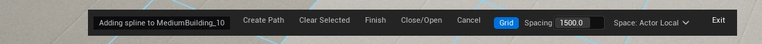The viewport bar while drawing: Create Path, Clear Selected, Finish, Close/Open, Cancel, the Grid toggle, Spacing, and Grid Space