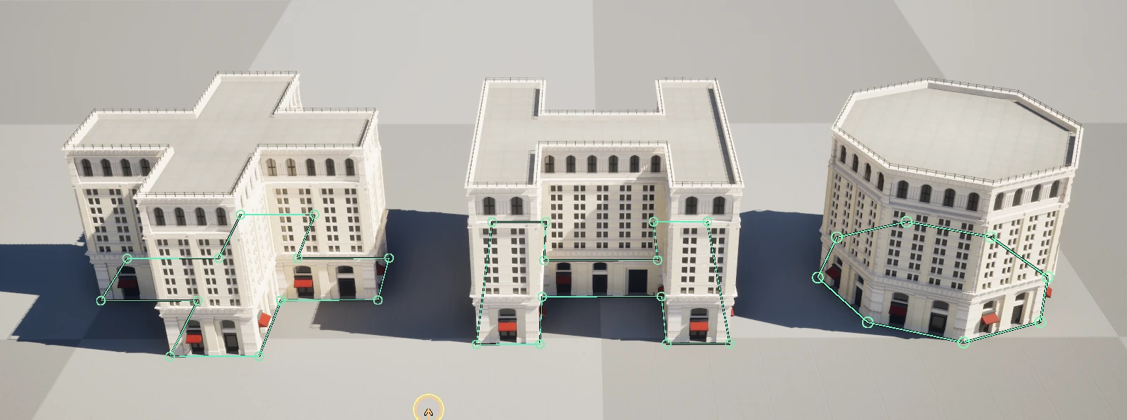 Three buildings from one Building Preset, each drawn on a different footprint spline - a cross, an H, and an octagon