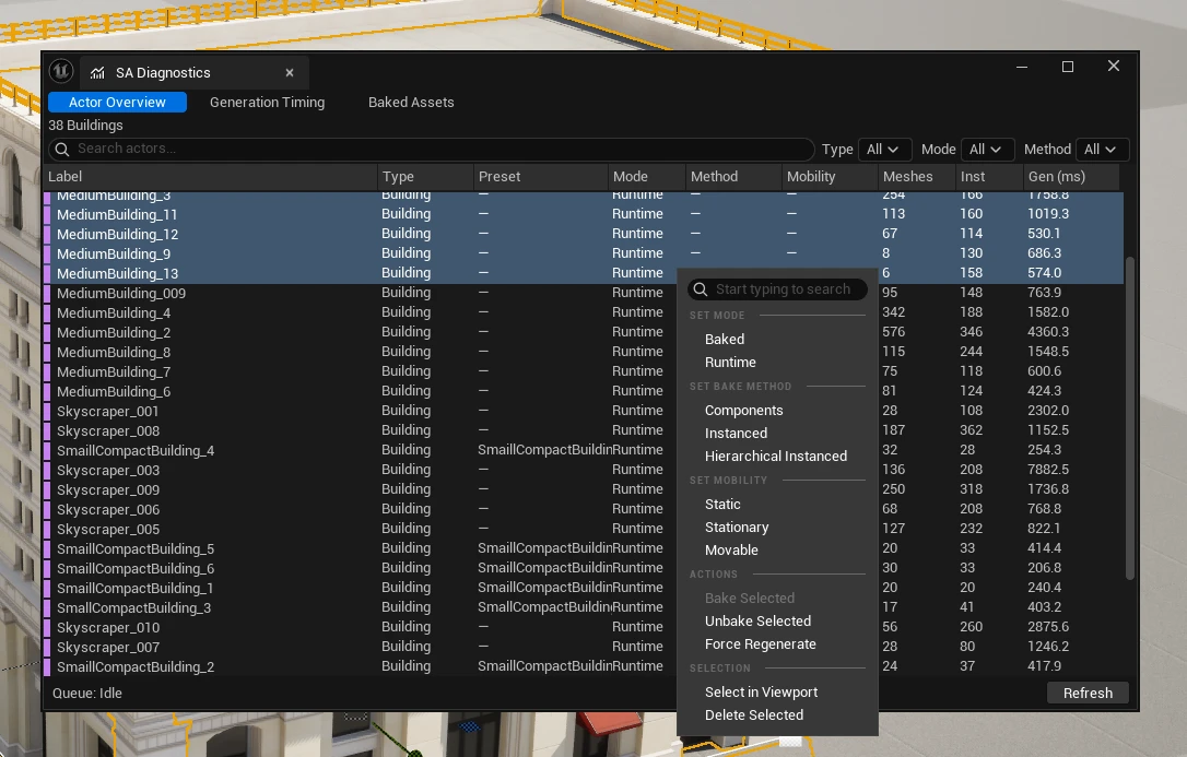 The Diagnostics window listing every Spline Architect actor with its type, state, preset, seed, component and triangle counts