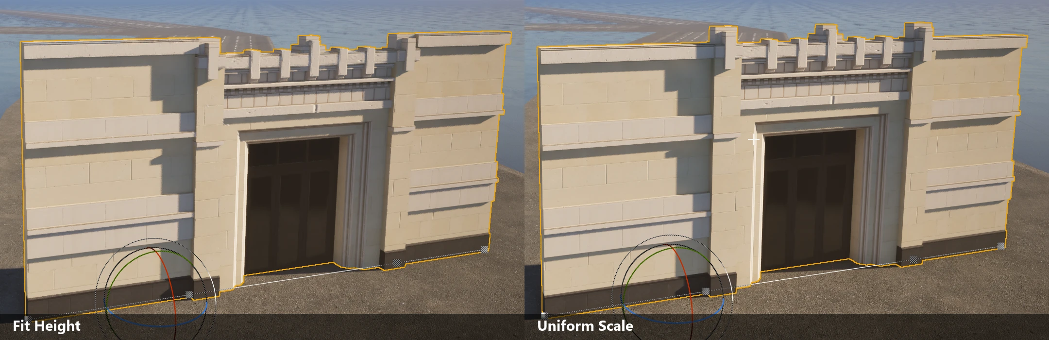 The same gateway wall in Fit Height, with a flat top and the portico stretched to match the walls, and in Uniform Scale, where the portico keeps its proportions and its crown steps above the walls