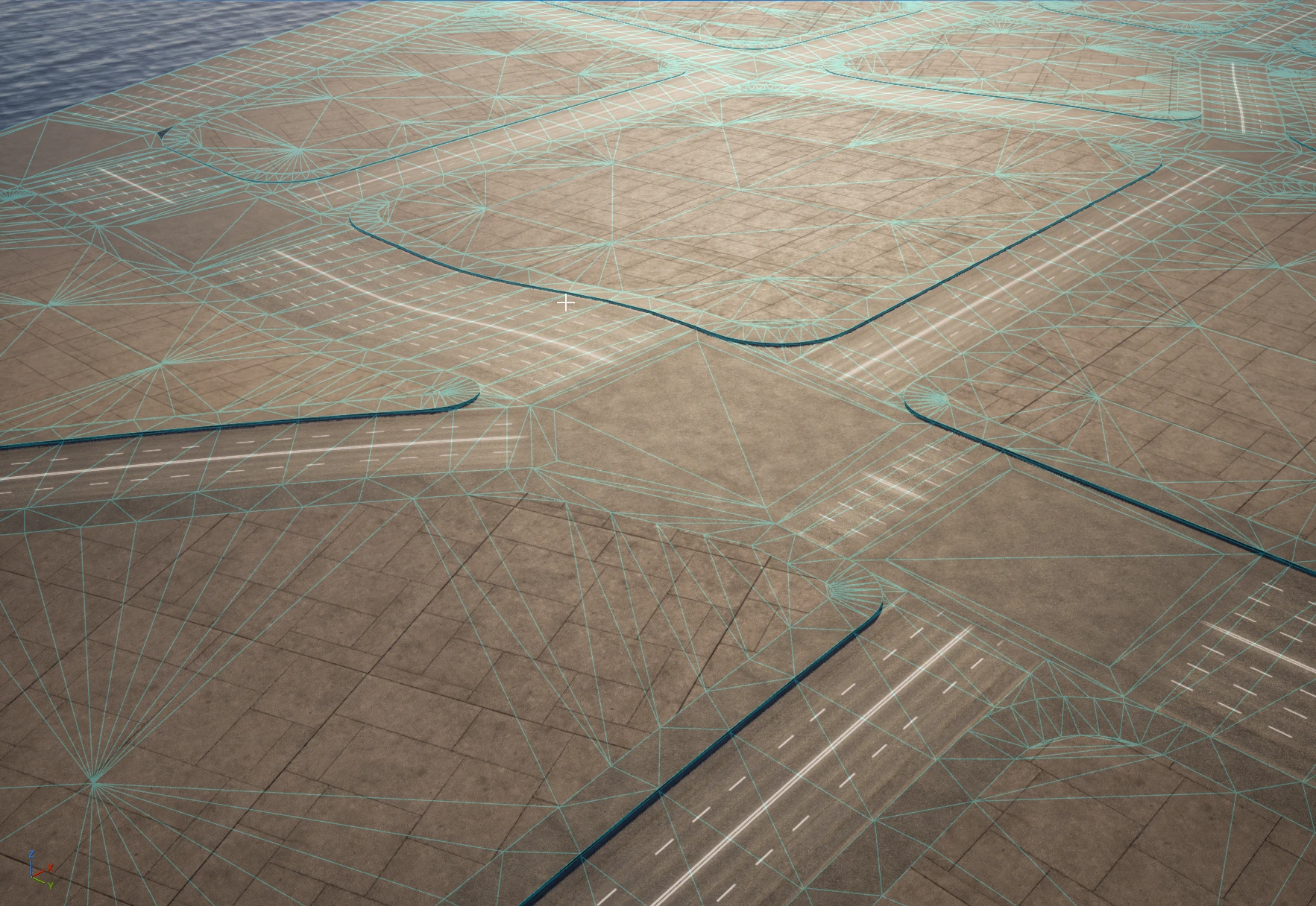 Wireframe view of generated Streets geometry: road ribbons with their curb edge, the triangle fans of the intersection patches, and each lot's cap ringed by a denser skirt band that follows the boundary and fans into pads at the corners