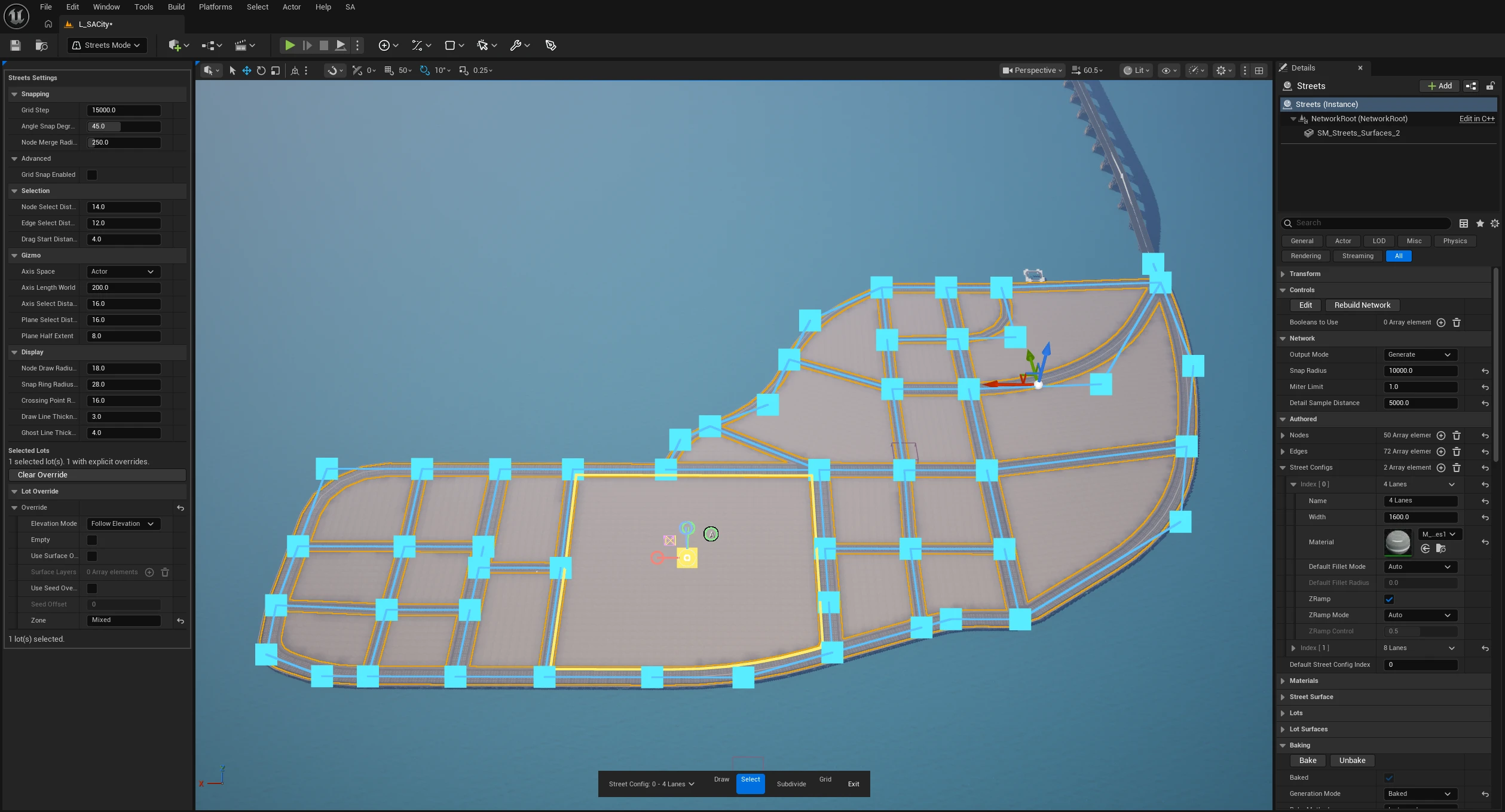 A generated Streets Network on an island: road ribbons with filleted junctions, every enclosed block extracted as a lot, and the authored node graph over the top