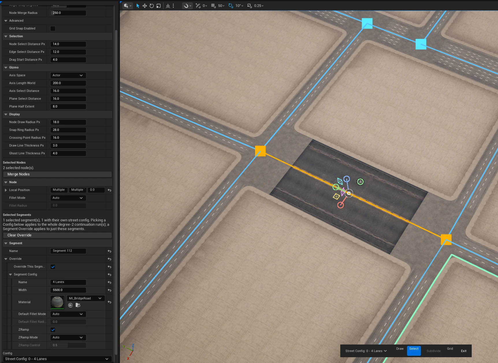 One selected segment with Override This Segment ticked: its Segment Config gives it a greater width and a bridge-road material, and in the viewport the dark, wider segment runs up to the ordinary roads on either side
