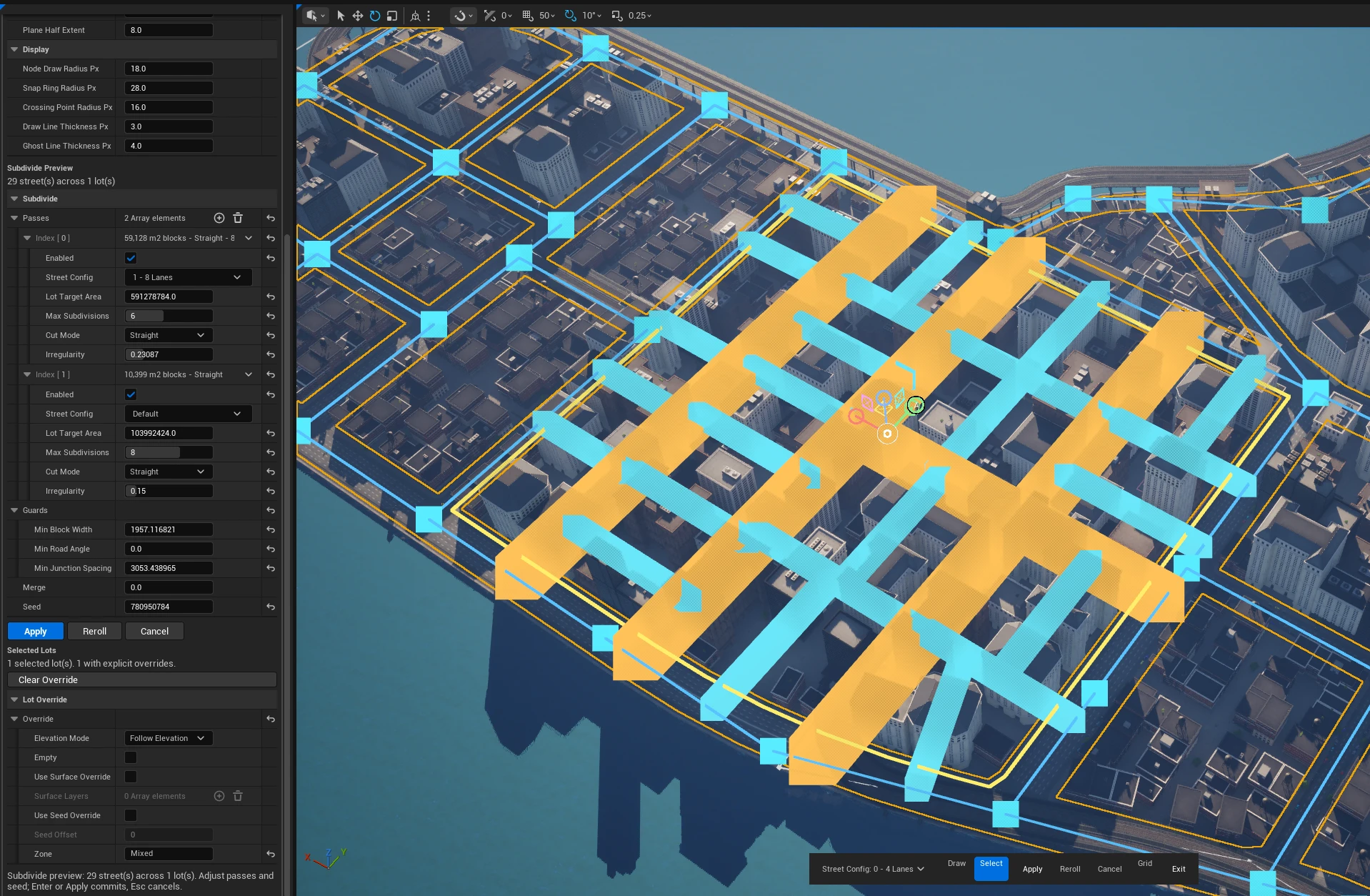 A two-pass Subdivide preview: an 8-lane arterial pass and a finer default pass, their ghost streets in two colours over the selected lot, with Guards, Merge, Seed, and Apply beneath